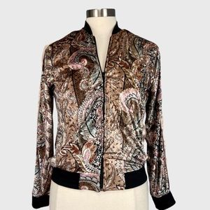 Wanderlux Womens Brown Velvet Paisley Bomber Jacket Full Zip Satiny size XS
